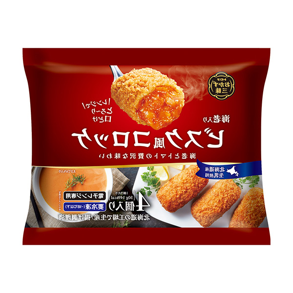 包装设计公司推荐冷冻小菜三昧加虾的比斯克风炸肉饼日本包装设计欣赏(图1)